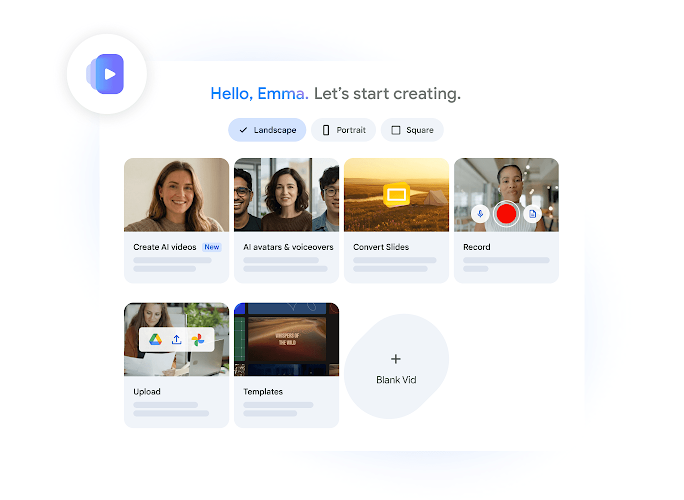 Google Vids dashboard showing creation templates and video format options